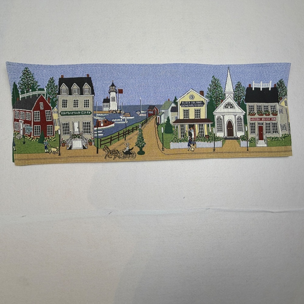 Vintage Coastal Village Tapestry Table Runner Lighthouse Harbor Scene Green Back
